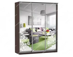 Шкаф купе Модерн 1776х450 3-х дверный 2-х секционный зеркальный с пескоструем №3 венге