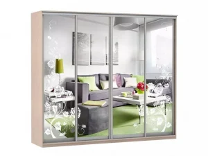 Шкаф купе Модерн 2362х600 4-х дверный 4-х секционный зеркальный с пескоструем №3 ясень