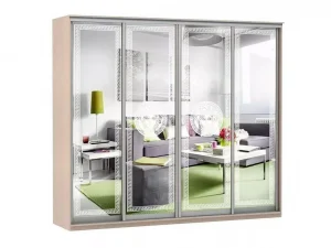 Шкаф купе Модерн 2362х450 4-х дверный 3-х секционный зеркальный с пескоструем №1 ясень
