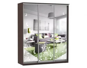 Шкаф купе Модерн 2076х600 3-х дверный 3-х секционный зеркальный с пескоструем №4 венге