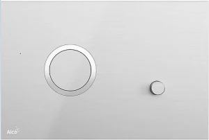 Клавиша смыва для унитаза AlcaPlast FLAT STING-INOX кнопки/нержавеющая сталь-полумат, кольца/хром глянцевый