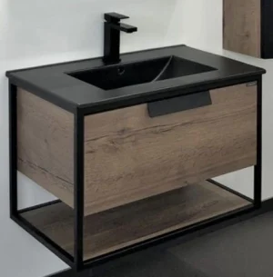 Тумба-умывальник подвесная Comforty Бонн 75 дуб тёмный/чёрный 00-00001936CF