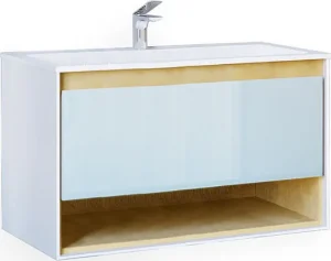 Тумба-умывальник подвесная Jorno Glass 100 белый/дуб сонома Gla.01.97/P/W+Mol.08.100/W