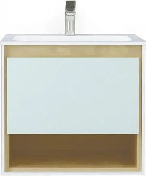 Тумба-умывальник подвесная Jorno Glass 65 белый/дуб сонома Gla.01.62/P/W+Mol.08.65/W