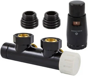 Узел нижнего подключения радиатора терморегулирующий угловой правый М22x1.5 x ¾"ек (½"н) Schlosser Duo-Plex черный Ral 9005 602100101