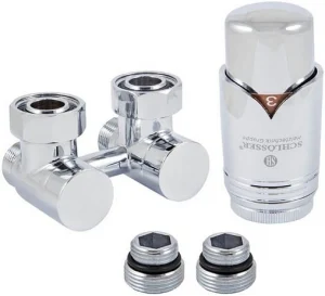 Узел нижнего подключения радиатора угловой с термоголовкой М22x1.5 x ¾"ек (½"н) Schlosser Exclusive хром 601000024